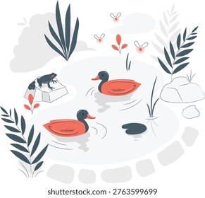 Two Ducks and a Frog in a Pond with Plants and Butterflies water nature
