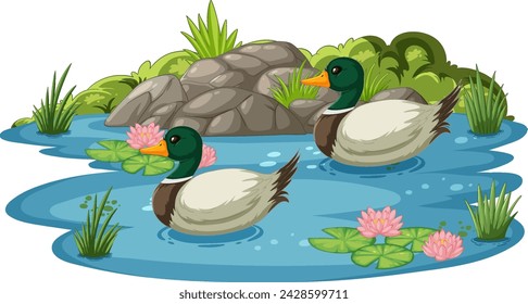 Two ducks glide peacefully on a tranquil pond.