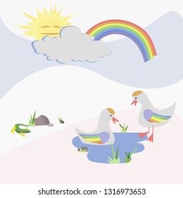 Two ducks on the pond against the sky, sun, rainbow with a lizard in the background