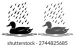 Two ducks on water. One solid black, one textured. Raindrops falling from sky.
