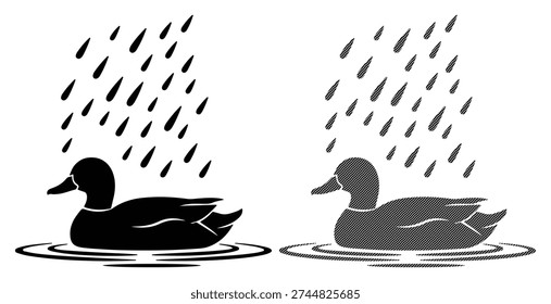 Two ducks on water. One solid black, one textured. Raindrops falling from sky.