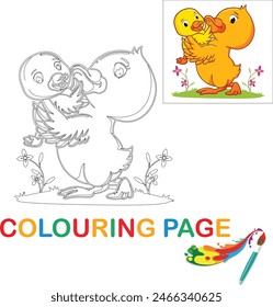 The two ducks are playing together on the grass. These two friends are ready for some fun! Color the two ducks. The coloring page for preschool kids, cartoon vector, illustration, coloring page