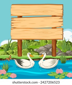 Two ducks swimming near a blank wooden sign.