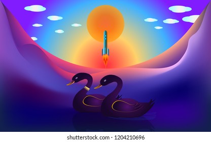 Two ducks swimming on the lake with rocket or shuttle launch behind them during sunset