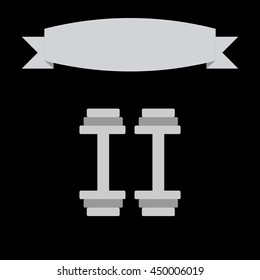 two dumbbells and a banner on a black background