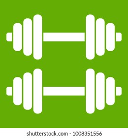 Two dumbbells icon white isolated on green background. Vector illustration