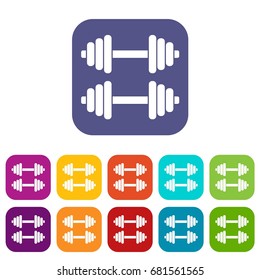 Two dumbbells icons set vector illustration in flat style in colors red, blue, green, and other