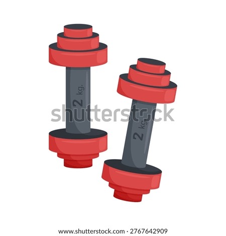Two dumbbells of two kilograms for exercising. Concept of a healthy lifestyle, sports, fitness. Vector on a white background.