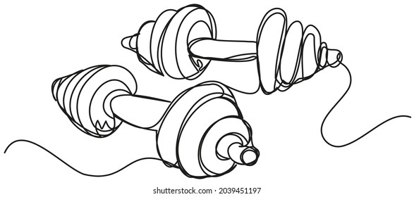 Two dumbbells one line on a white background. Vector illustration of sports equipment for fitness and bodybuilding. Stylized image for the design of coupons, season tickets, sports banners.