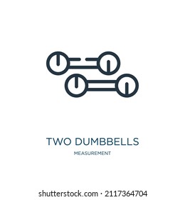 un icono de línea delgada con dos campanas de dumbombo. bárbaro, iconos lineales de aptitud de la señal de contorno aislado del concepto de medida. Elemento de símbolo de ilustración vectorial para diseño web y aplicaciones.