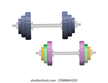 Two dumbbells with weight plates, one with dark blue plates and another with colorful plates, set on a white background. Concept of gym, workout, and fitness. Vector illustration