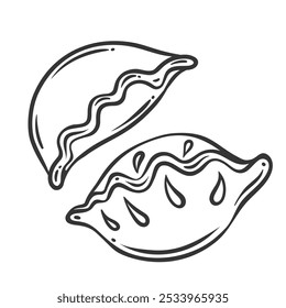 Dos empanadillas, Jiaozi o icono de línea Gyoza. Esquema dibujado a mano de bollos rellenos con carne molida o relleno de verduras. Mascota de comida asiática, Ilustración vectorial de icono de bolas de masa de masa japonesa o china