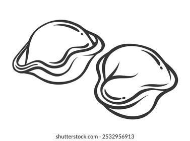 Two dumplings line icon. Outline hand drawn dumplings with mince meat or vegetable filling and flour dough. Asian cuisine mascot, traditional Chinese stuffed wonton, pelmeni icon vector illustration