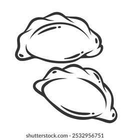 Two dumplings, varenyky, pierogi line icon. Outline hand drawn vintage boiled buns with potatoes, cottage cheese fillings. Ukrainian, Polish food mascot, simple dumplings icon vector illustration