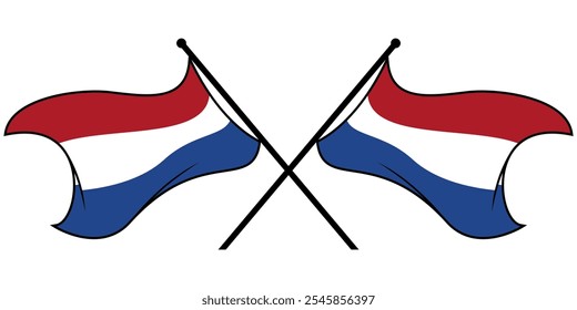 Duas bandeiras holandesas cruzadas em polos de bandeira, design vetorial minimalista representando a identidade nacional dos Países Baixos, ilustração editável EPS no fundo branco