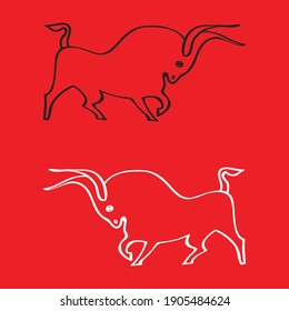 Two dynamic bulls outlines on red background. Side view. Hand drawing. Black and white buffaloes. Farm animals decor. Minimalist art. Freehand sketch young strong bisons. Simple vector illustration 