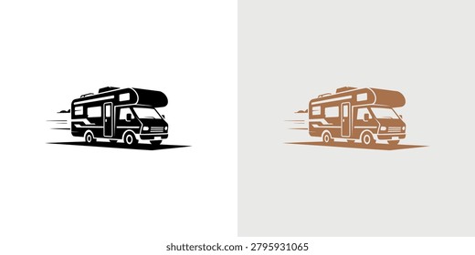 Two dynamic camper vans in black and brown colors driving with motion blur capturing the excitement of road trips and outdoor adventures