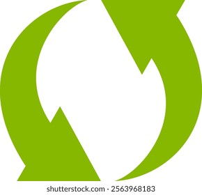 Two dynamic curved green arrows intertwining and rotating, symbolizing the continuous cycle of recycling, renewal, and environmental sustainability