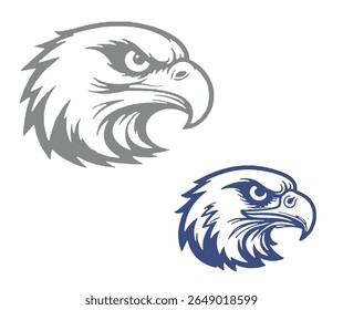Two eagle head illustrations are displayed, one gray and one blue, both facing right on a white background.