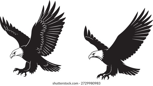 Two eagles in flight depicted in black silhouette on a white background, showcasing their majestic wings and sharp talons in a dynamic pose, ideal for graphic designs and illustrations.