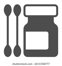 Two ear cotton swabs and jar solid icon, pharmacy concept. Vector graphics. Jar of medicine and swab stick pair sign on white background, glyph style icon for mobile or web design