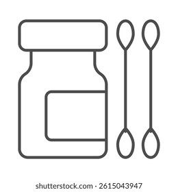 Two ear cotton swabs and jar thin line icon, pharmacy concept. Vector graphics. Jar of medicine and swab stick pair sign on white background, outline style icon for mobile or web design