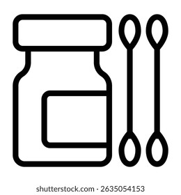 Two ear cotton swabs and jar line icon, pharmacy concept. Vector graphics. Jar of medicine and swab stick pair sign on white background, style mobile or design