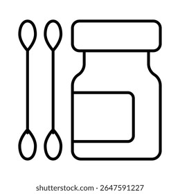 Two ear cotton swabs and jar thin line icon, pharmacy concept. Vector graphics. Jar of medicine and swab stick pair sign on white background, style mobile or design