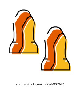 Two earplugs featuring a stylized illustration with black outlines and warm orange and yellow fill colors, symbolizing personal protective equipment for safety and sound dampening