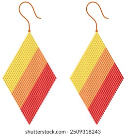 Two earrings in the shape of a rhombus with a color gradient from yellow, through orange to red, made of 3D