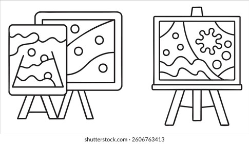 Two easels displaying abstract art in a minimalist style.
