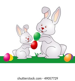 Two Easter Bunnies breaking eggs vector isolated on white