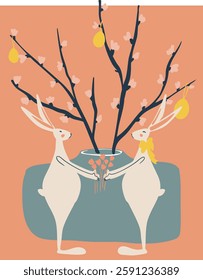 Two Easter bunnies holding flowers. Preparation for Easter. Vector illustration. Poster, card, banner.