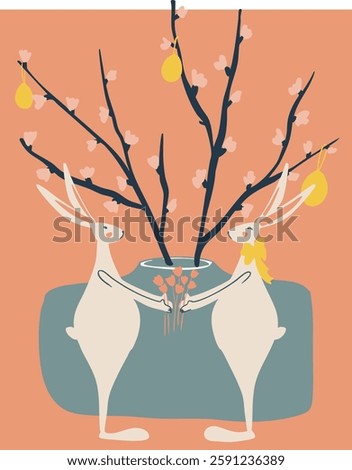 Two Easter bunnies holding flowers. Preparation for Easter. Vector illustration. Poster, card, banner.