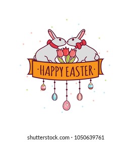 Two Easter bunnies sit facing each other. Between them are red tulips. Painted eggs. Linear pattern in a flat style. On a white background with a pattern of small circles. Vector illustration.