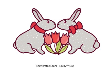 Two Easter bunnies sit facing each other. With a pattern of hearts on the skin. Between them are red tulips. Linear drawing in flat style. On a white background. Vector illustration