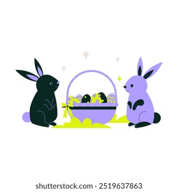 Two Easter bunnies sitting near a basket of decorated eggs, symbolizing holiday celebration, egg hunt, and the joy of springtime. Flat vector illustration, isolated on white background.