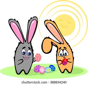 Two Easter Bunny with painted eggs in vector