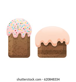 Two easter cakes with white topping, one decorated with caramels isolated on white. Fresh bakery sweet biscuit in flat style