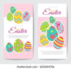 two Easter cards with painted eggs in stars, circles, stripes, rings, green, pink, yellow blue