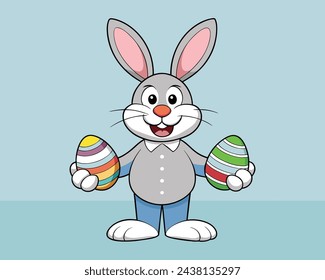 two easter egg colourful on bunny rabbit hand drawn smiley vector illustration character greeting card front background, cute happy smile face expression easter bunny emotion and feeling