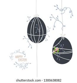 Two easter eggs in cold shades. Flowers and vine grow around. 