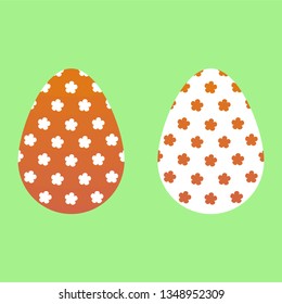 Two Easter eggs on light green background. Orange Easter egg with white flowers. White Easter egg with orange flowers.