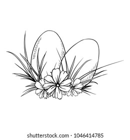 Two Easter Eggs in Sketch Style. Black and White Hand Drawn Isolated Illustration for Thanksgiving Harvest or Easter Greeting Design.