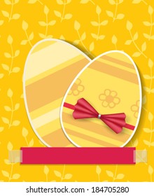 Two Easter eggs with stripe pattern, red bow and red paper piece with space for text on background with leaves pattern.