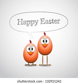 Two Easter little chicks with bubble Happy Easter - Vector Illustration