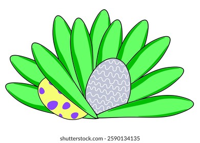 Two Easter painted eggs are hidden in grass. Traditional family holiday. Folklore and religion. Egg hunting. One icon isolated on  white background.