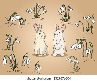 Two easter rabbits among the snowdrops hand drawn colorful illustration