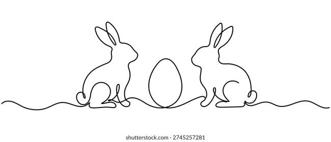 Two Easter Rabbits with egg in One Continuous Line Drawing. Easter Card with Cute Bunny in Simple Linear Style. Editable Stroke.