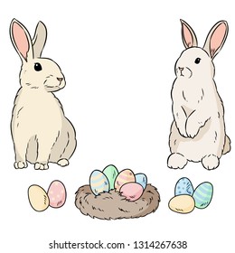 Two easter rabbits and easter eggs. Cartoon image colorful doodle. Lineart sketch